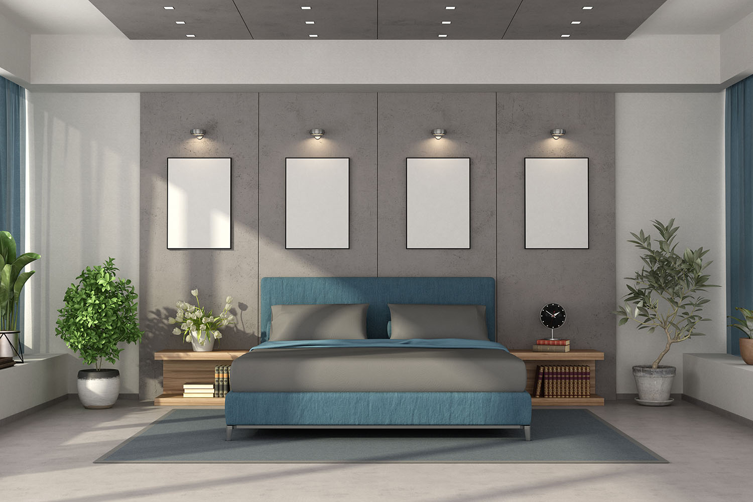 Modern master bedroom with spotlights