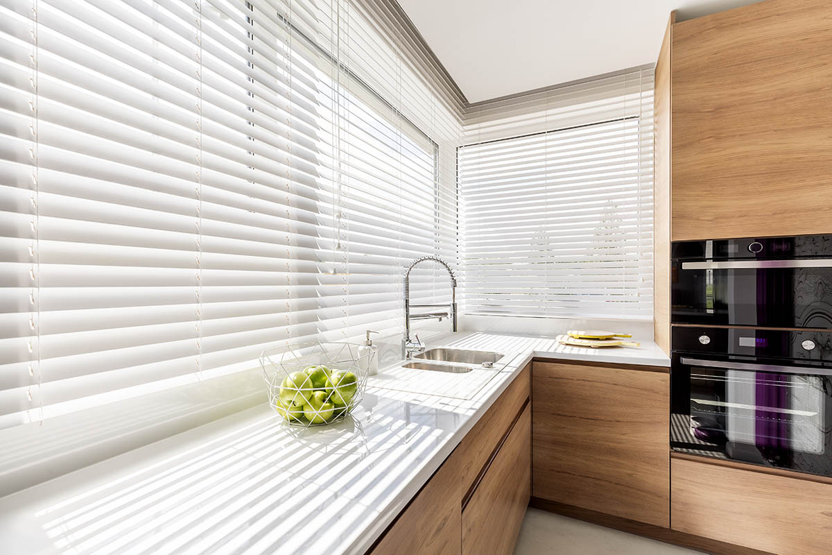 beautiful kitchen with window blinds