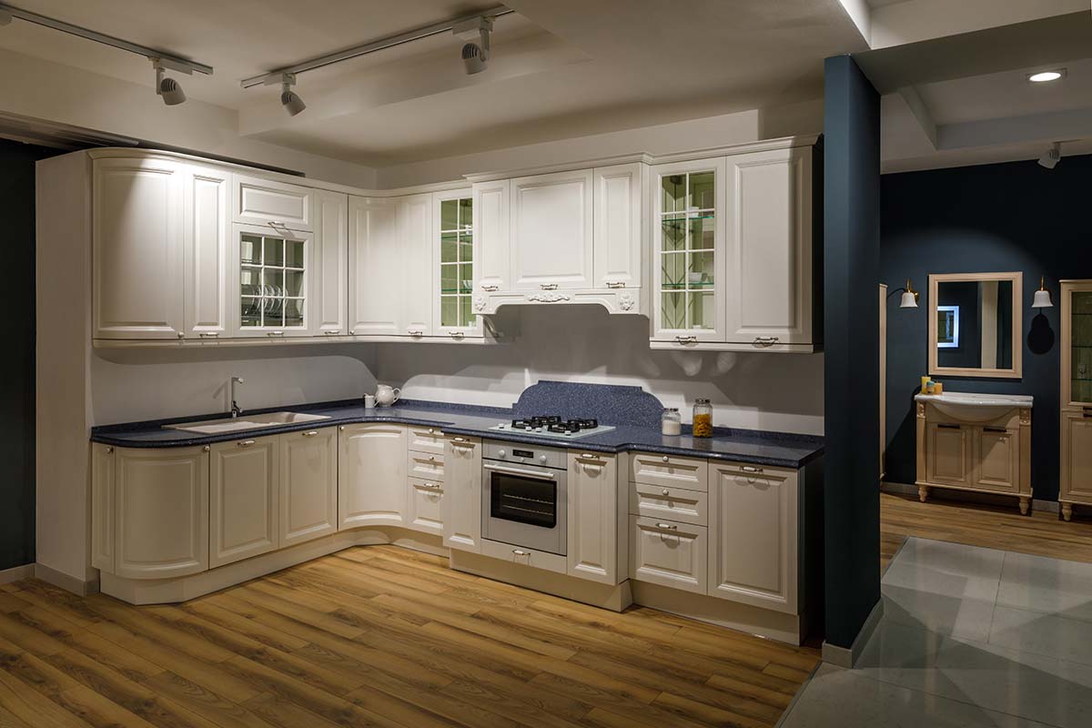 renovated kitchen in white and blue colours